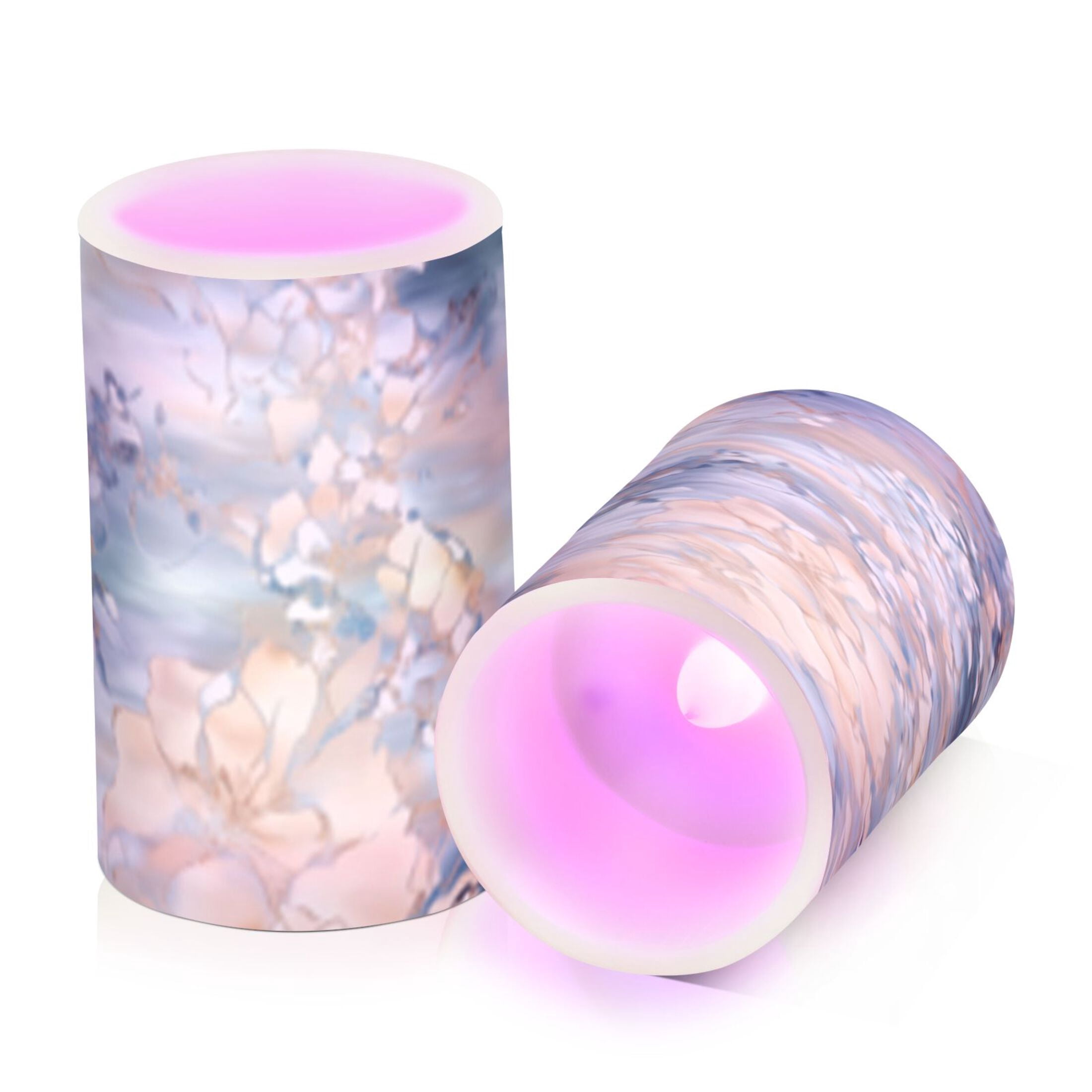 Blue and Beige Flower Flickering Flameless Candles Battery Operated with Remote Timer LED Pillar Candles Set of 2