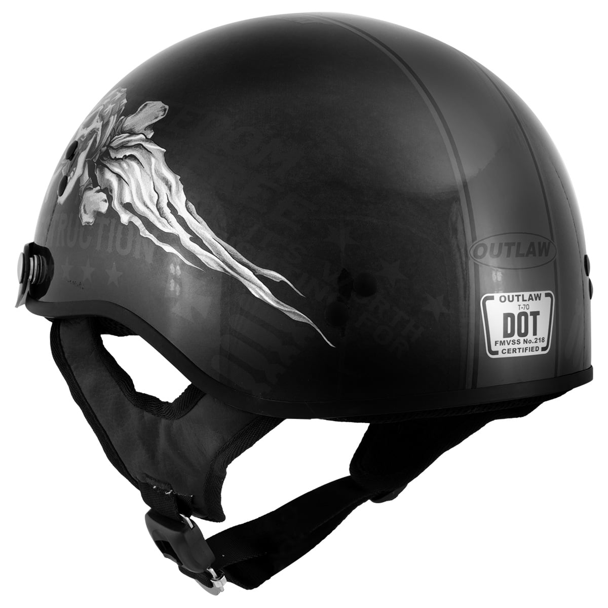 X-Large Outlaw T-70 Freedom Skull Advanced Motorcycle Half Helmet with Removable Visor 