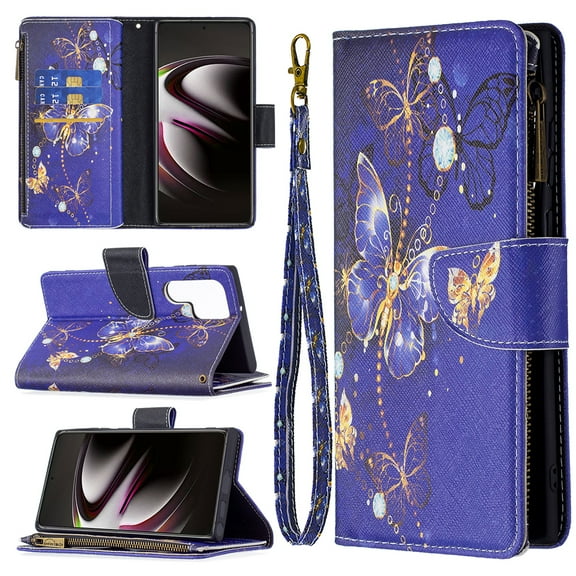 Samsung Galaxy S22 Ultra Wallet Case, Dteck Zipper Pocket 9 Card Slots Wallet Phone Case with Hand Strap For Samsung Galaxy S22 Ultra 6.8 inch 2022,Purple Butterfly