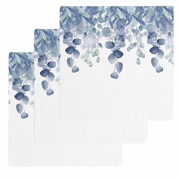 Blue Teal Botanical Dish Towels Set, Waffle Weave Kitchen Towels 3 Pieces, Eucalyptus Leaves Pastoral Floral Microfiber Hair Face Bath Tea Towel Absorbent Quick Drying Cleaning Dish Cloths, 12"x12"