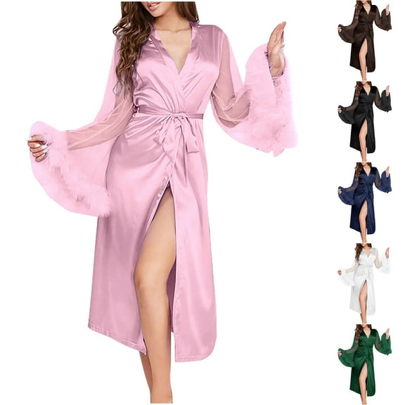 Elainilye Fashion Silk Robes for Women Plain Print Perspective Mesh Sleeves Ice Silk Bathrobe Sexy Nightgown Pajamas,Black