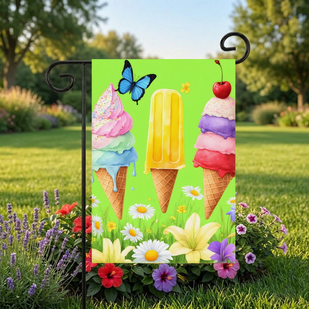 Seasonal Summer Garden Flags A Group of Ice Cream Cones Sitting on Top of a Lush Green Field Decorative Full Size 28x40" Guest Welcome Flag.