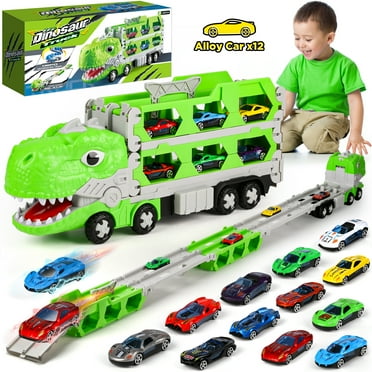 Huge Wave Toy Trucks Cars for Boys, Dinosaur Transport Race Set, with 66-Inch Ejection Track, 12 Die-Cast Metal Cars, Christmas Gifts for Kids for 3-8 Years Old