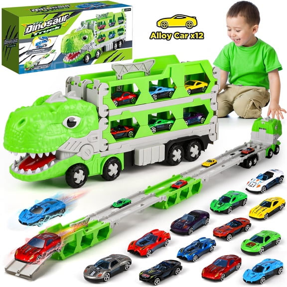 Huge Wave Toy Trucks Cars for Boys, Dinosaur Transport Race Set, with 66-Inch Ejection Track, 12 Die-Cast Metal Cars, Christmas Gifts for Kids for 3-8 Years Old
