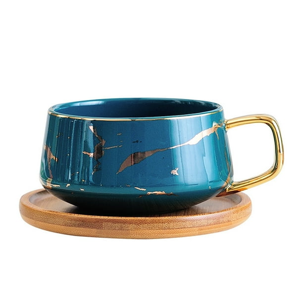 Inteprter Taza de cerámica de estilo nórdico, taza con diseño de canicas con cuchara, contenedor de comida para desayuno de avena, vaso, Teteras Verde/Corto Inteprter HA081675-02
