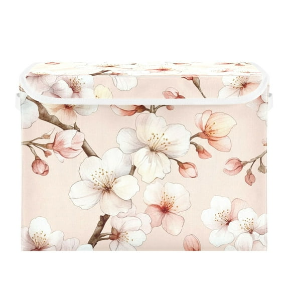 White and Pink Flowers Large Storage Bins with Linen Collapsible Lid Storage Box 16.7 x 12.6 x 11.8in