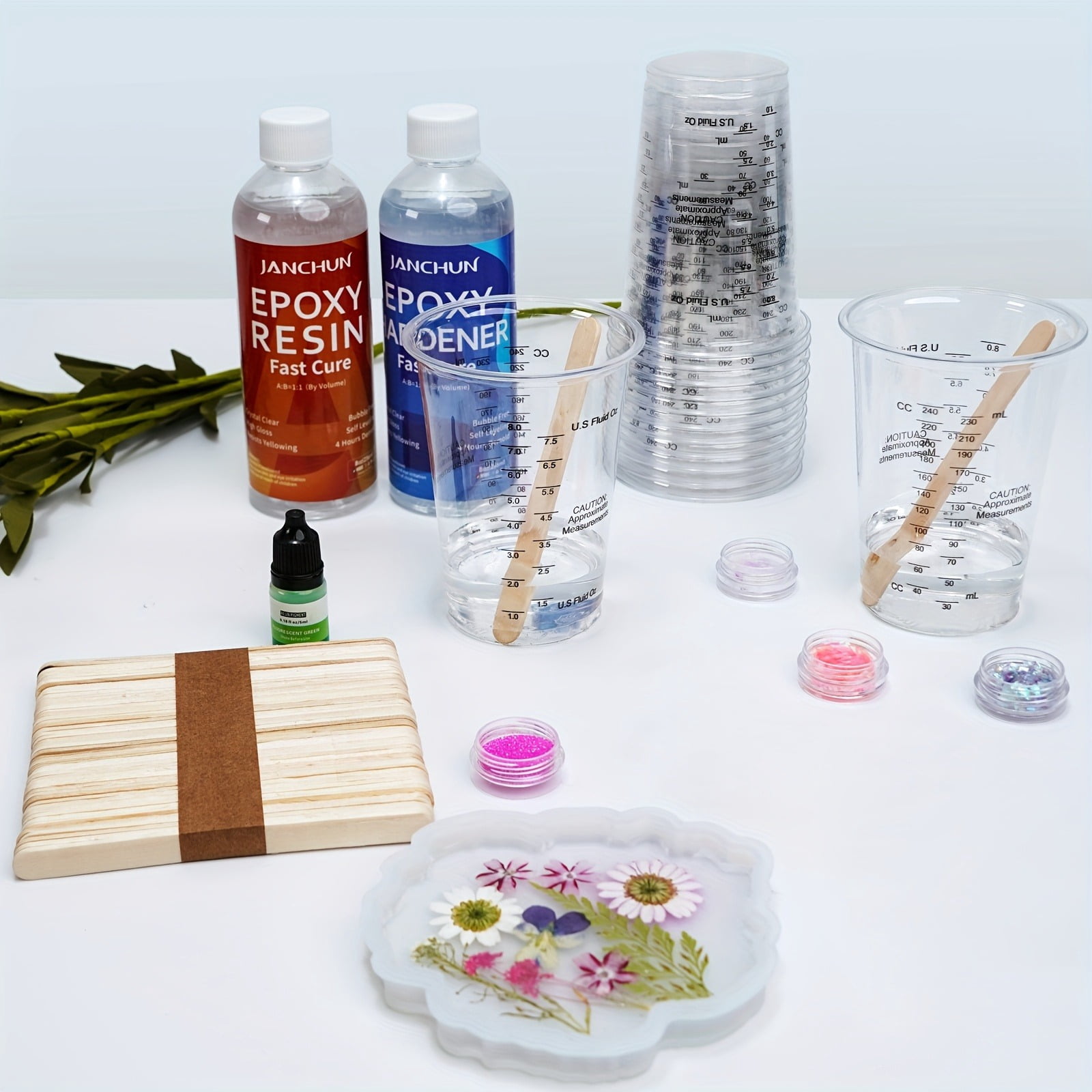 JANCHUN 150pcs Epoxy Resin Supplies Kit, Includes Mica Powder, Glitter, Golden, Silvery And Copper Foil Powder, Colour Ink, Measuring Cup, Gloves, Stirring Rod, Tweezer, Blessing Stickers