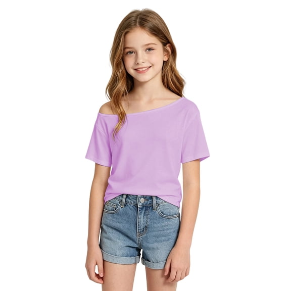 Luvior Girls Off Shoulder T-Shirt, One Shoulder Relaxed Fit, School Ready, Purple, Size 6-7 Years