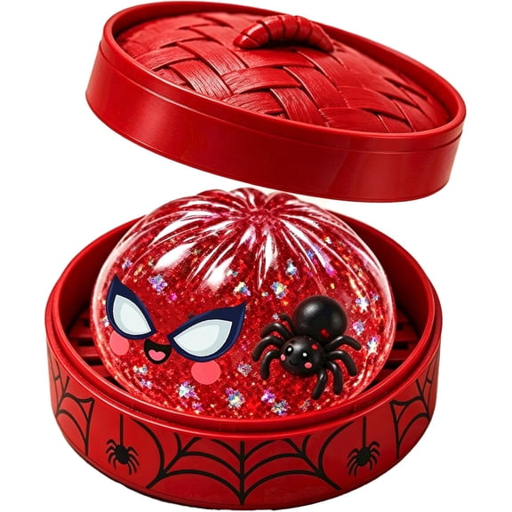 Christmas Squishy Stress Relief Toy, Red Glitter Spider Dumpling Squeeze Ball with Steamer, Sensory Fidget for Stocking Stuffers Party Favors
