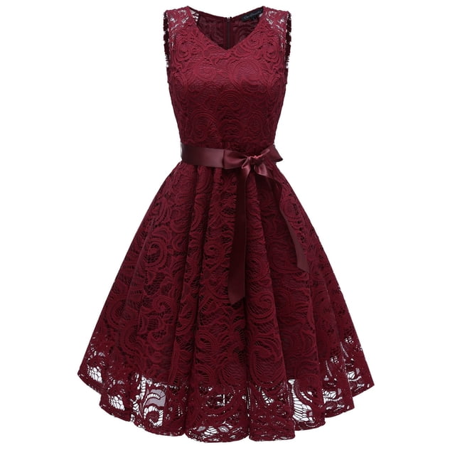 Vestido de dama de honor con cuello en V y encaje para mujer: vestido de fiesta formal con corte en A, poliéster, tallas estadounidenses 4-18