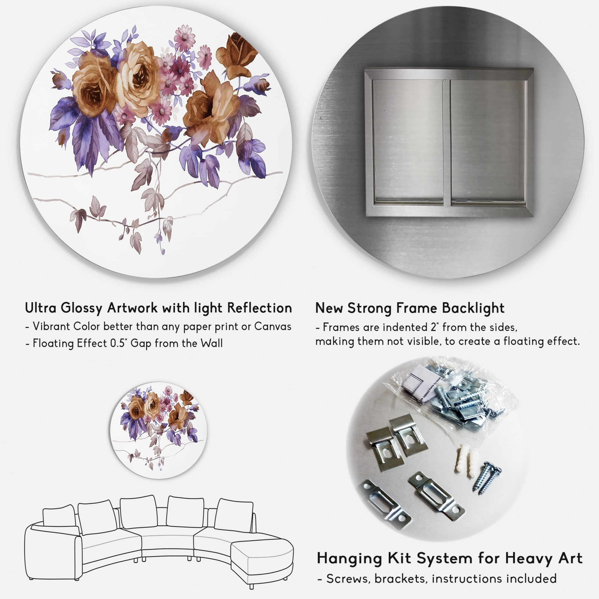 Designart 'Purple Wildflowers On White IV' Traditional Circle Metal Wall Art 23x23 - Disc of 23