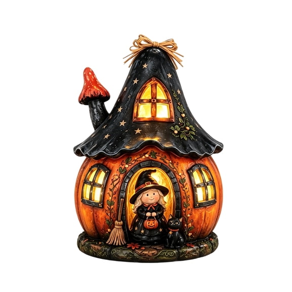 Halloween Decorations Witch Pumpkin House Lamp, Glowing Resin Cottage Figurine with Cat, Star Roof and Chimney for Indoor Tabletop Fall Home Decor