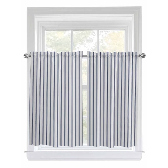 Kitchen Curtains 45 Inches length, Navy Blue Striped Window Treatment Curtain Drapes, Navy Blue White Stripes Farmhouse Lightweight Window Panels for Living Room Bedroom, 52"x45", 2 Panels