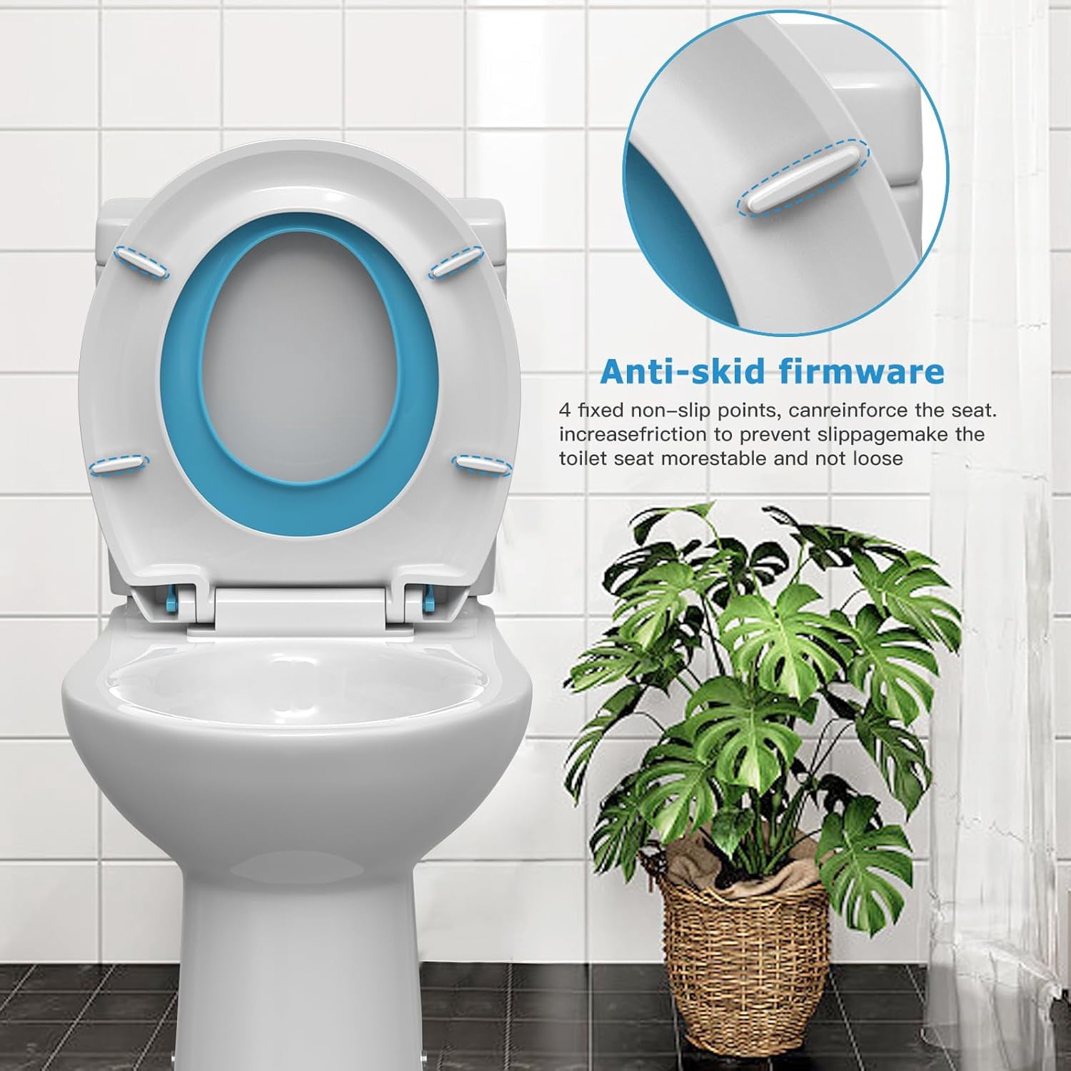Round Toilet Seat with Built-In Potty Training Seat for Adult and Child Use, Soft Quiet-Close Lid with Non-Slip Design, Magnetic Kids Seat in Blue, Easy to Install and Clean 17''