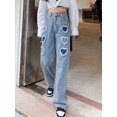 thumbnail image 4 of Women's Y2K Heart Patch Wide Leg Jeans Mid Rise Distressed Vintage Denim Sweet Edgy Streetwear, 4 of 6
