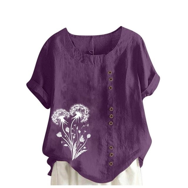 LMKIHUSA Polos en Coton pour Femmes Manches Courtes Col Rond Hauts Boho à Imprimé Floral Blouses Mode T-Shirts Boutonnés de Base de Camp Été 2025 Violet,TG