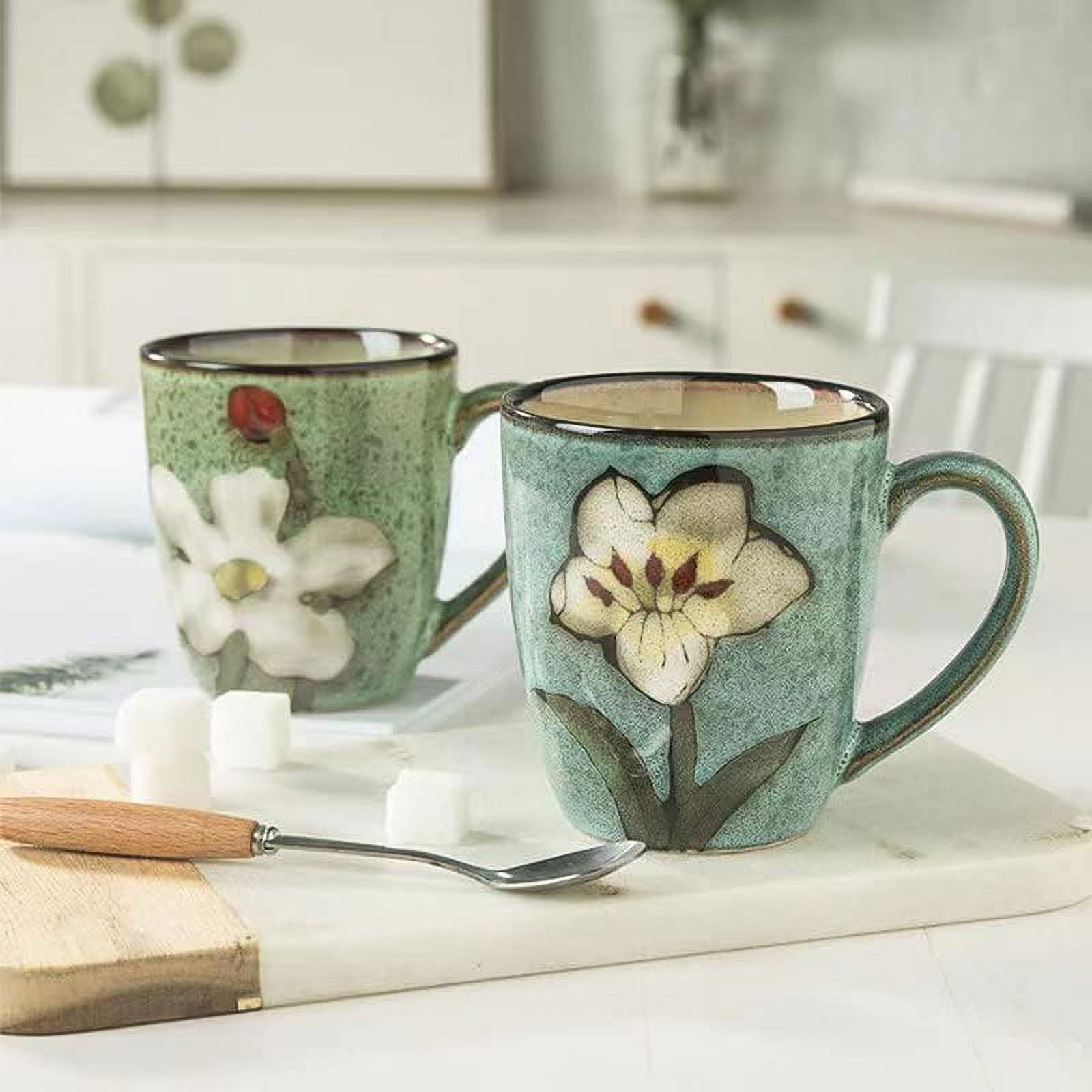 Set of 4 Floral Ceramic Coffee Mugs, 12oz - Handcrafted Kiln Glazed Mugs, Microwave & Dishwasher Safe, for Cappuccino, Tea, Latte & Espresso, Multicolor
