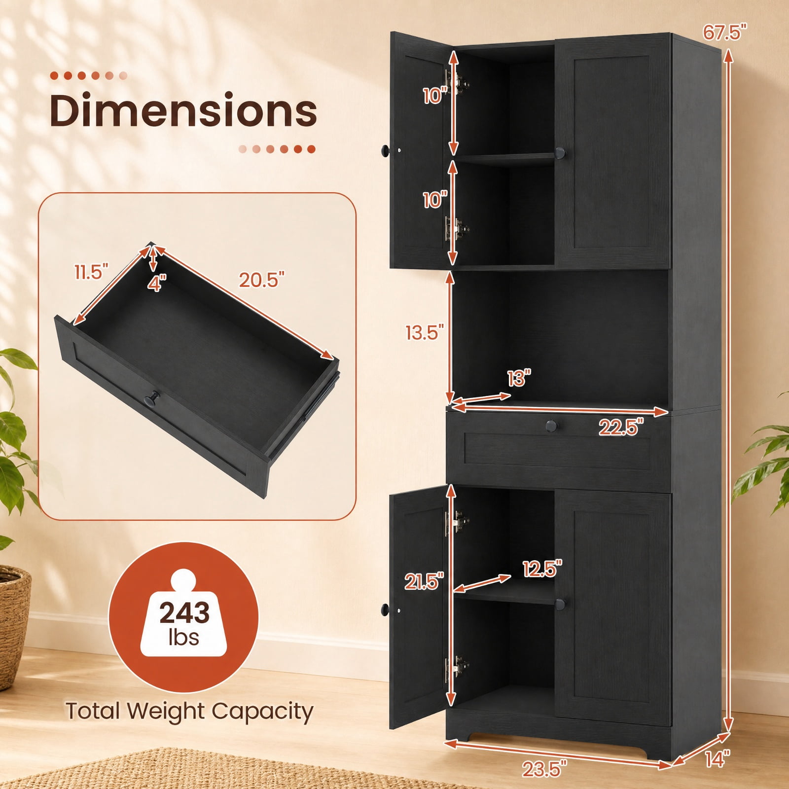 Furnibear 67.5 Inch Tall Modern Freestanding Floor Storage Cabinet with 4 Doors and 1 Drawer for Living Room Bedroom Entryway Hallway Storage, Black