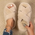 thumbnail image 2 of Xfvqtps Women Winter Crisscross Open Toe Faux Fur Slide Slippers Soft Plush House Slippers Non Slip Flat Indoor Shoes, 2 of 5