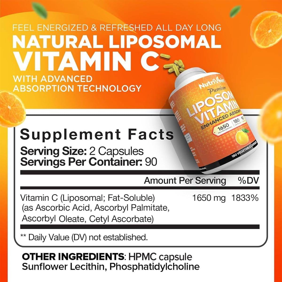 Nutrivein Liposomal Vitamin C Supplement - Immune Support, Vegan - 180 Capsules, 1650 mg