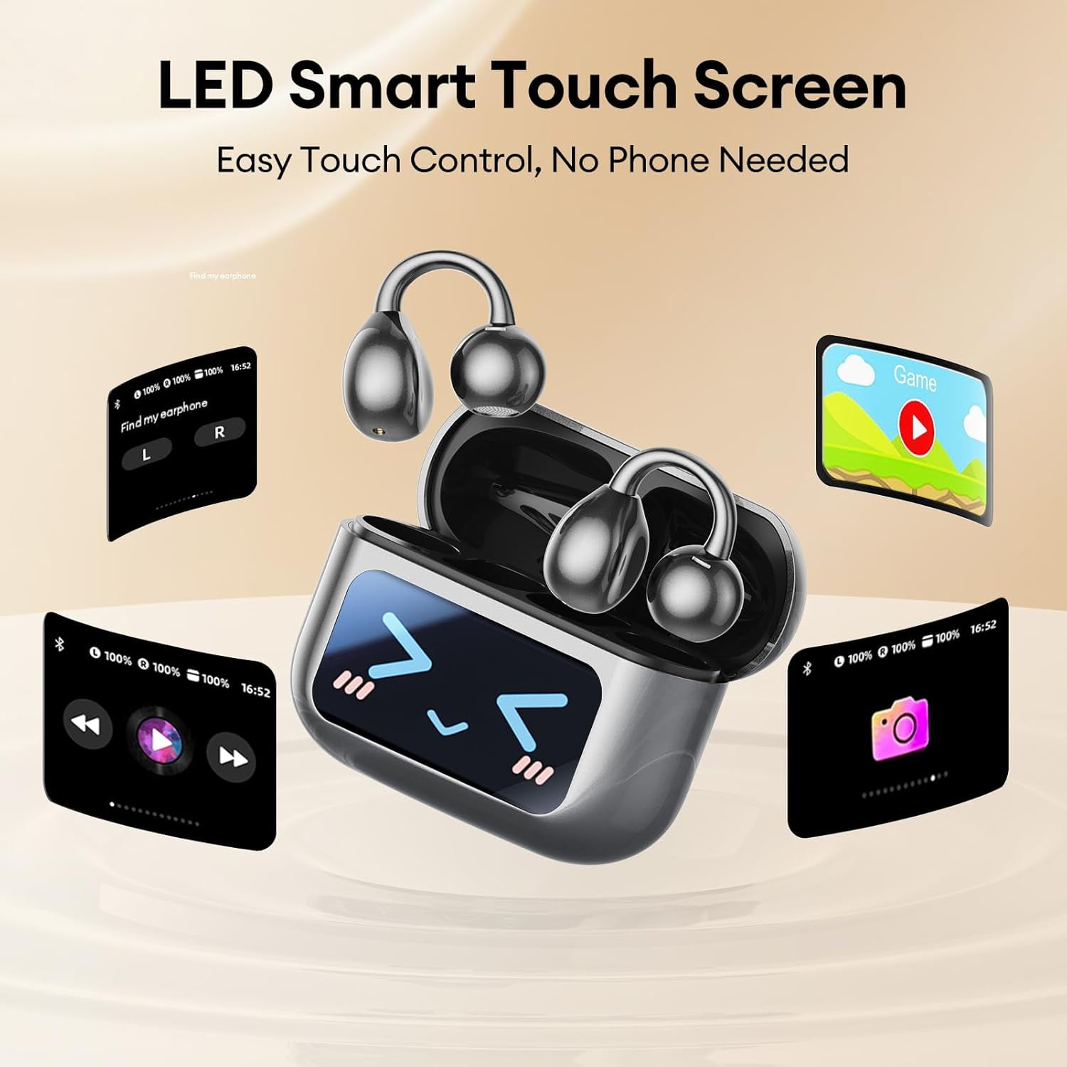 M100 Clip On Ear Headphones AI Open Ear Earbuds Wireless Bluetooth 5.4, Clip On Earbuds with LCD Touchscreen, Lightweight Comfort Open Ear Headphones for Sports, Fitness, and Workouts