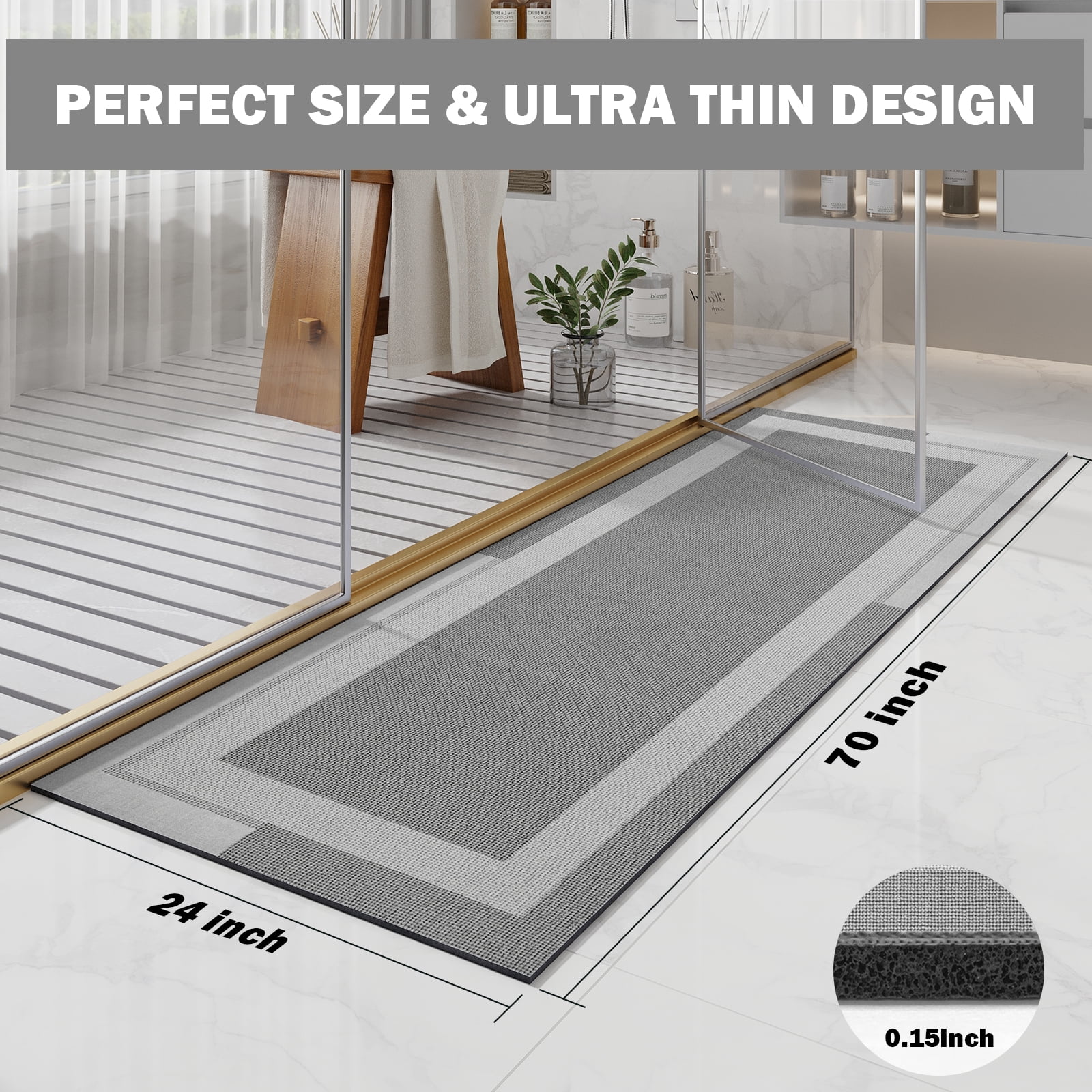 QiCaiJia Non Slip Bathroom Rugs, Absorbent Quick Dry Thin Bath Mat With Rubber Backing For Bathroom Floor Fit Under Door 24"x70" Light Gray