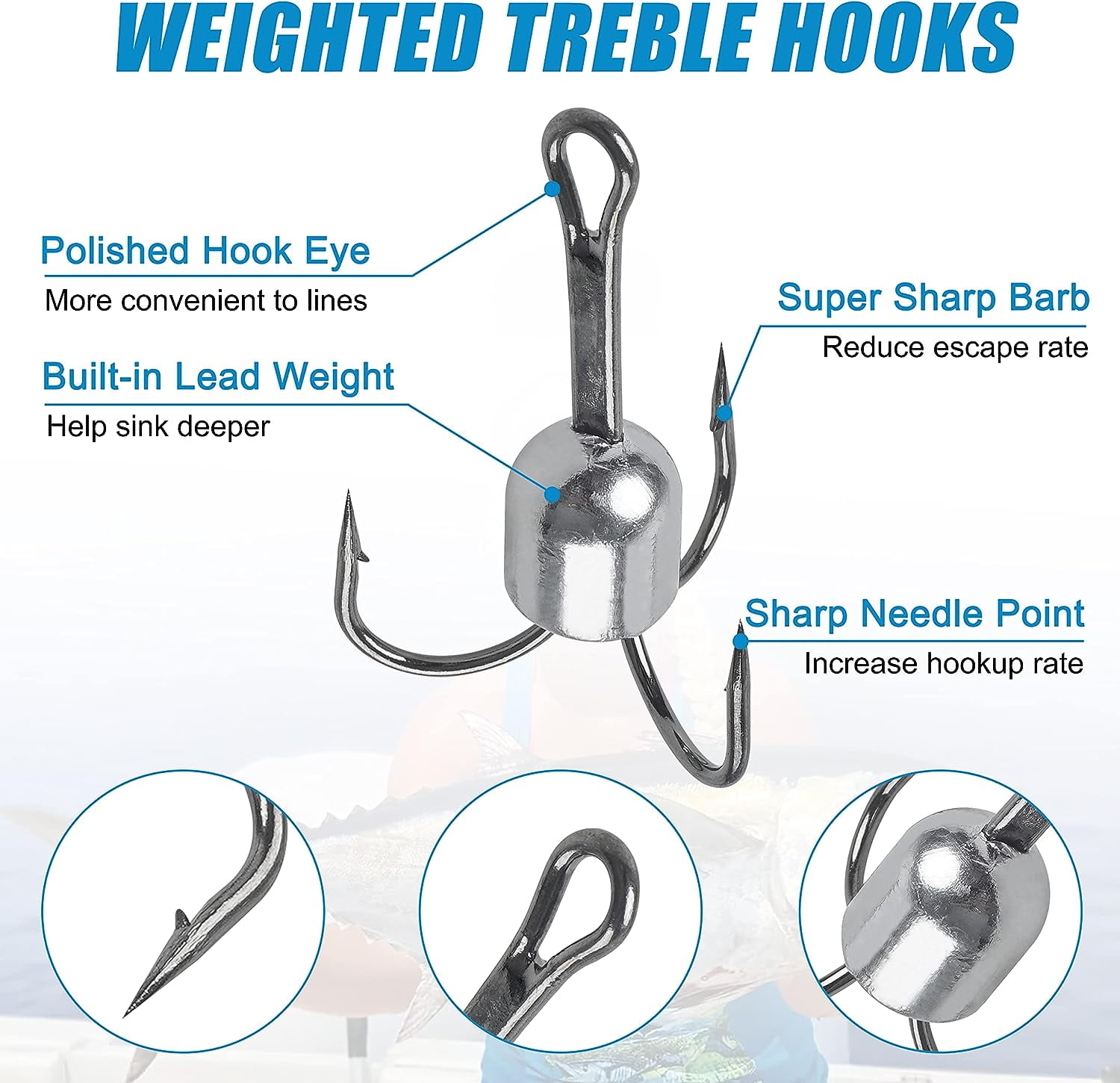 Snagging Hooks Weighted Treble Hooks,5pcs Large Weighted Treble Fishing Hooks Bunker Snag Hooks with Weight for Baitfish Trout Salmon 5/0 6/0 8/0 10/0