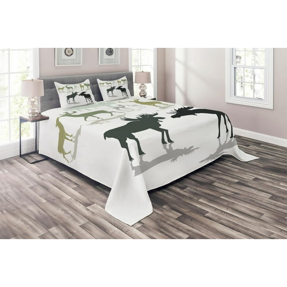 Ambesonne Antlers Quilted Coverlet 3 Pcs, Elk Deer Fawn Forest, Queen Size, Green Black