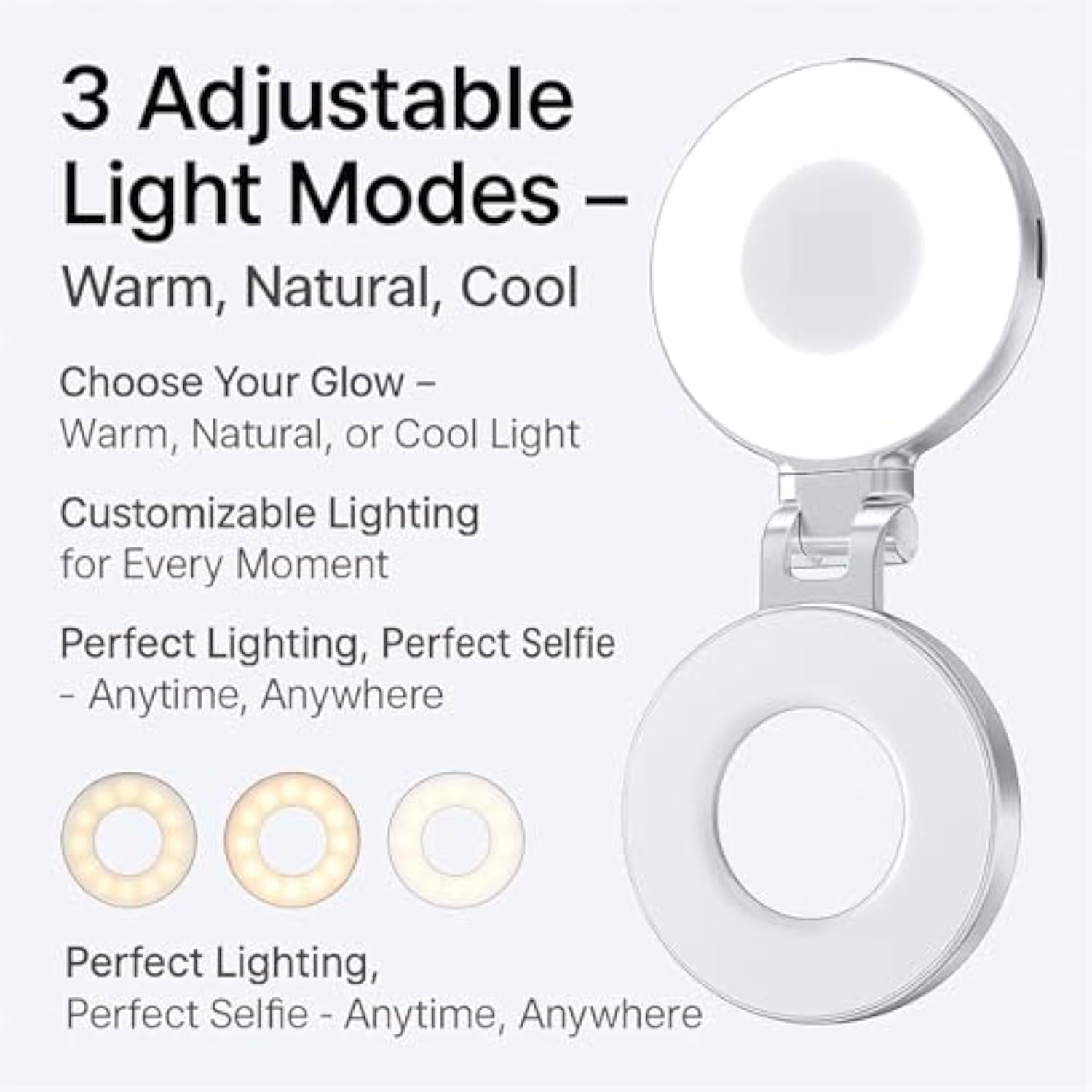 Quantifty 3-in-1 Magnetic Beauty Selfie Light for Phones, Portable Magnetic Selfie Light with Mirror, 360° Foldable Ring Light, Three Soft Color Temperatures, for Photography Recording