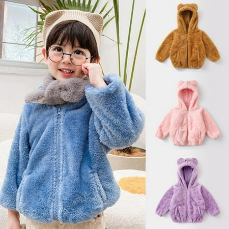 

SYNPOS Bear Ears Shape Coral Velvet Warm Hoodies Clothes Toddler Zip-up Light Jacket Sweatshirt Outwear For Baby Girls 1-7 Years