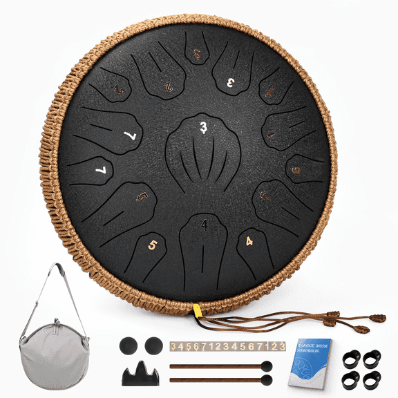 Lidguni 13" 15 Note Tongue Drum for Adults, Steel Tongue Drum C Major , Pan Drums, Black