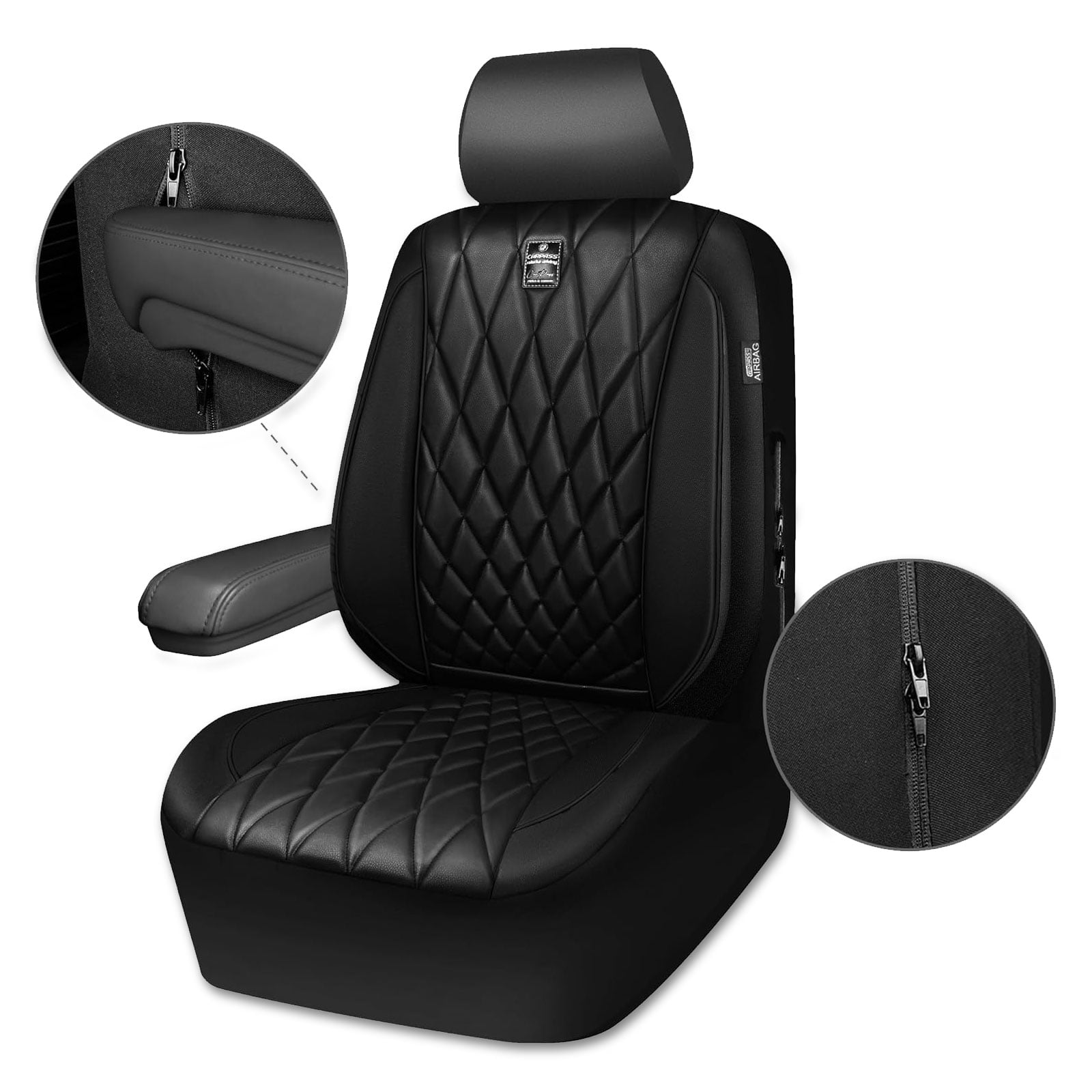 CAR GRAND piping luxury faux PU leathertwo front car seat covers water proof armrest compatible airbag compatible univrsal fit SUV VAN Truck All black