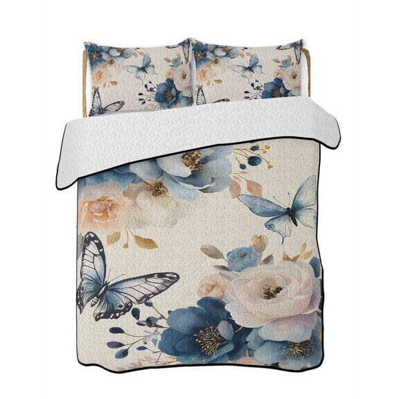 Quilt King Size Bedding Set, Vintage Blue Floral Reversible Summer Quilt 3 Pieces, Butterflies Watercolor Flower Linen Lightweight Bedspreads Coverlets with 2 Pillow Shams for All Seasons