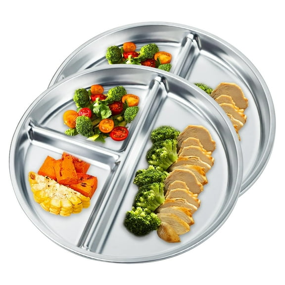 Stainless Steel Divided Plates 2-Pack, 23cm Portion Control Tray for Balanced Meals, Kids & Adults - Camping, School, Home Use (200g)