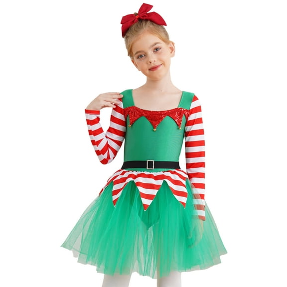 iEFiEL Kids Girls Christmas Elf Dress Long Sleeve Stripes Tutu Dance Dress Leotard Santa Little Helper Outfit Green 4