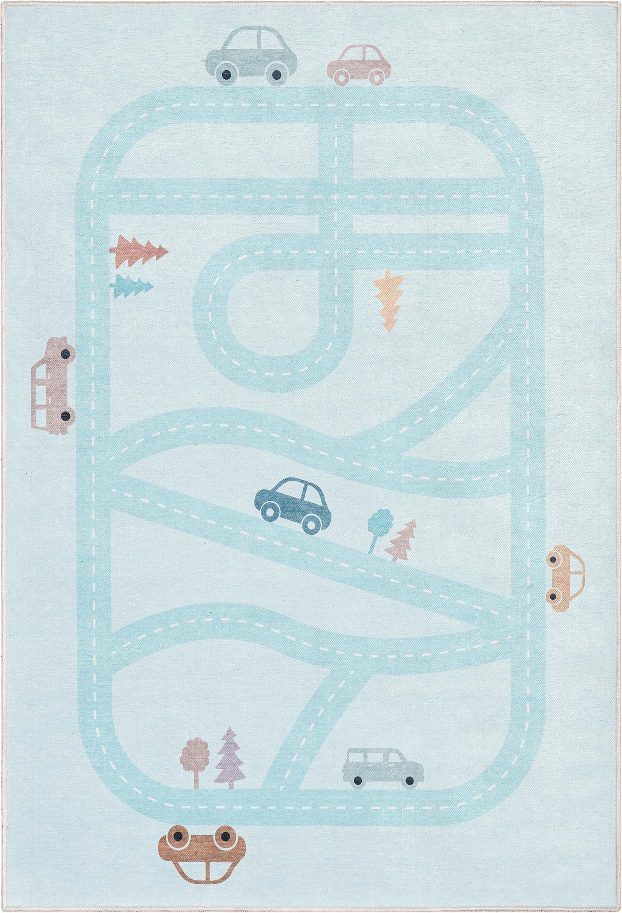 Well Woven Kids Rugs Playful Roads Modern Light Blue 3'3" x 5' Printed Machine Washable Area Rug