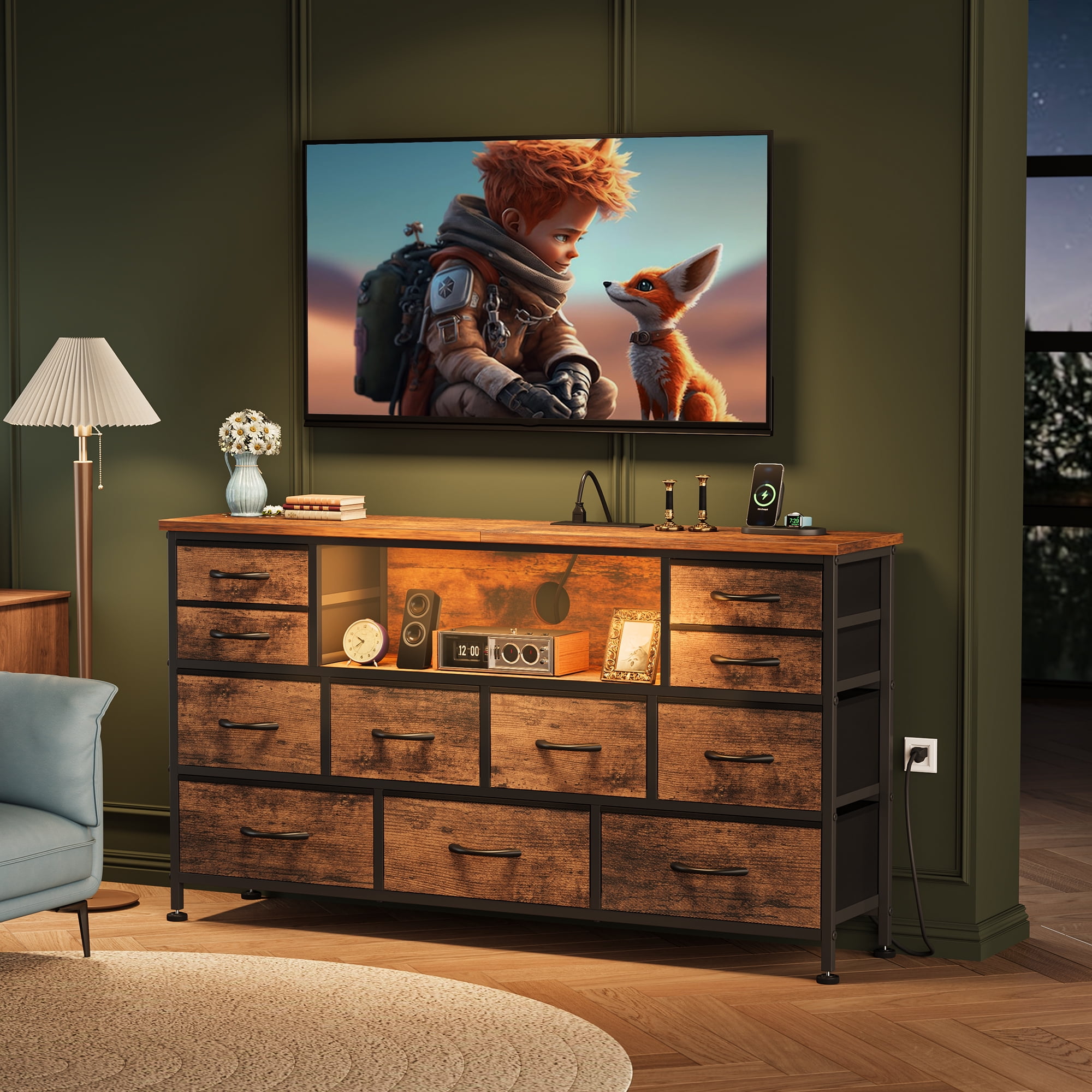 GIKPAL Long Dressers for Bedroom with LED Lights, Dresser TV Stands for 60 inch TV with 11 Brown Drawers and Power Outlets, Fabric Chest of Drawers for Bedroom Furniture, Living Room, All Age_group  (图2)
