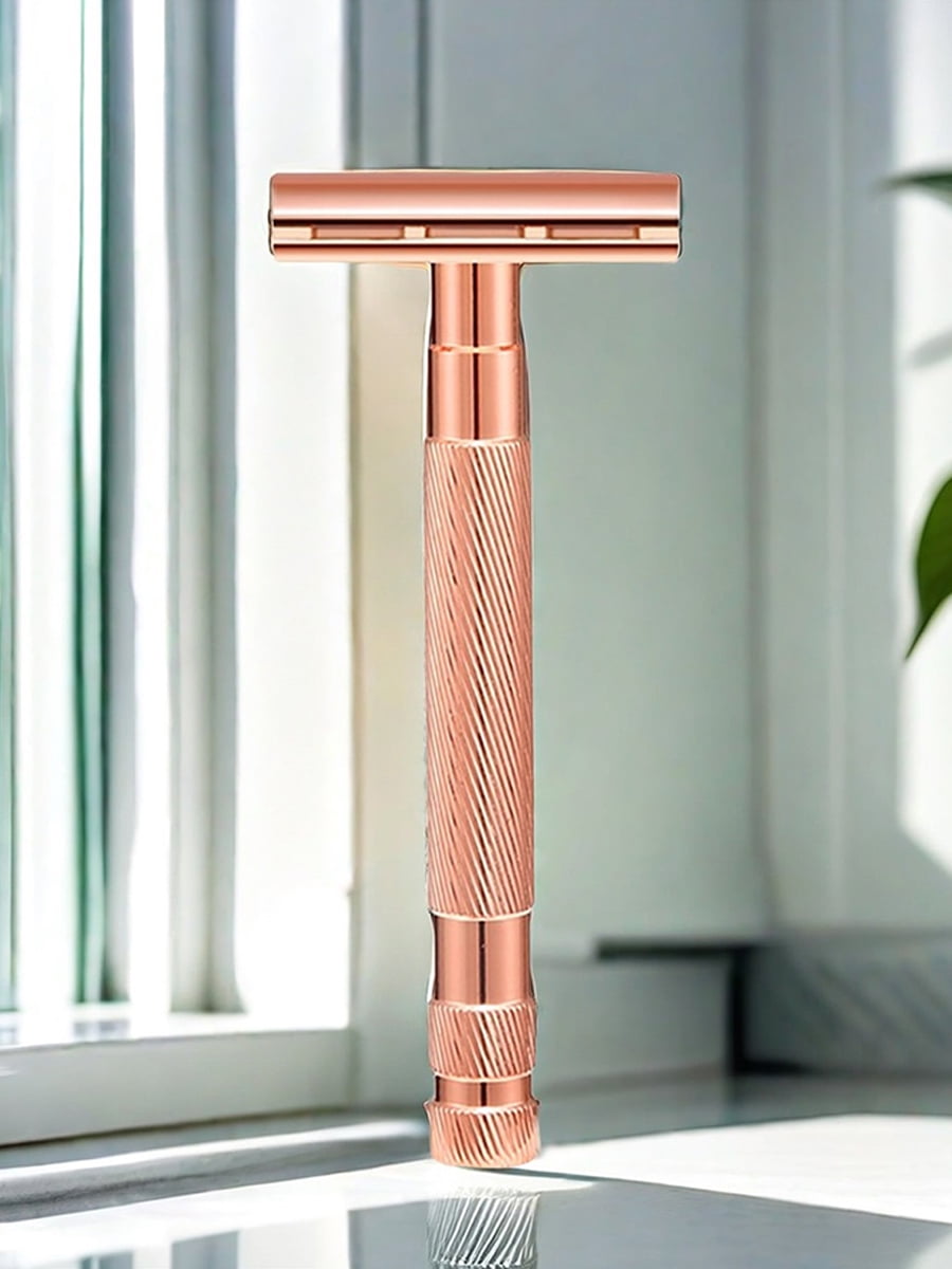 Waysh Classic Double Edge Safety Razor Gift Set for Men with Knurled Non-Slip Handle, Includes Stand & 20 Blades, Rose Gold