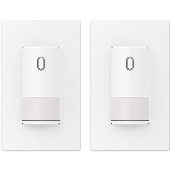 ELEGRP Interrupteur de Lumière à Capteur d'Occupation, Interrupteur Mural Infrarouge PIR Activé par le Mouvement, Perche Unique pour Ampoule CFL/LED/Incandescente, Plaque Murale Sans Vis Incluse, Certifié UL (2 Pack, Blanc Mat)