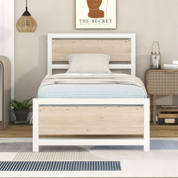 Bellemave Industrial Twin Bed Frame, Metal Platform Bed with Wood Headboard and Footboard, Rustic White