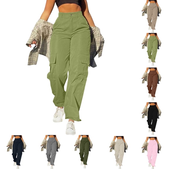 CHGBMOK Women Cargo Pants with Pockets Elastic High Waisted Wide Leg Casual Pants Solid Streetwear Baggy Shift Long Trousers