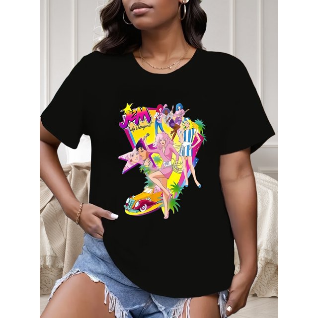 T-Shirt Graphique Taille Régulière pour Femmes - Design Vibrant "JEM" avec Étoiles et Arc-en-Ciel, Manches Courtes Décontractées Col Rond pour Maison, Extérieur, Fête, Sports et Travail