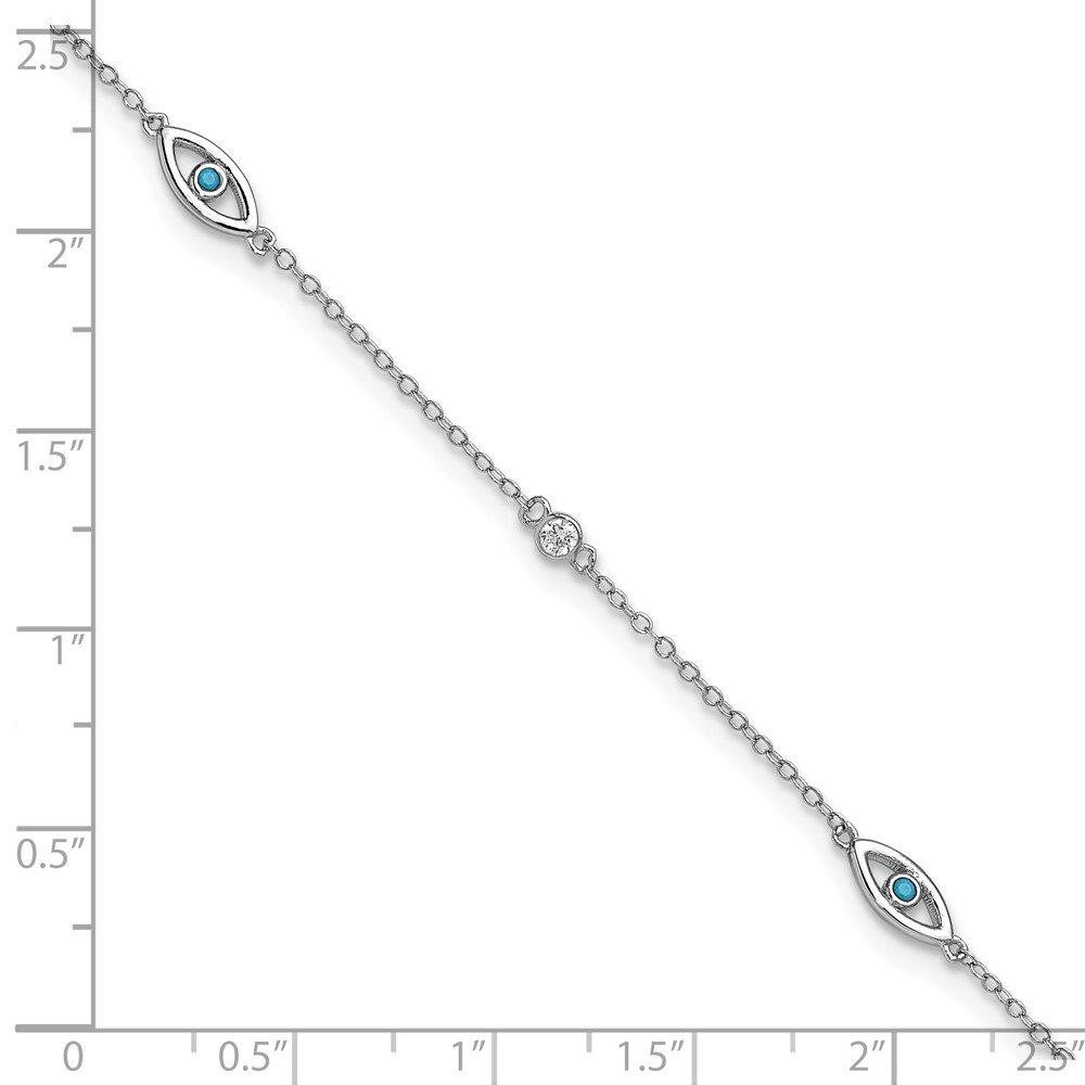 Cheryl M Sterling Silver Rhodium-plated Polished Blue Glass and CZ Evil Eye 9.5 Inch with 1 Inch Extension Anklet