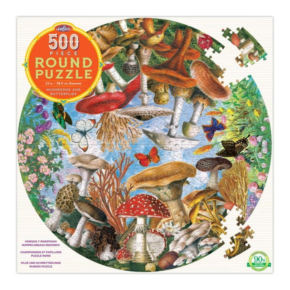 Eeboo: Piece And Love Mushrooms And Butterflies 500 Piece Round Circle Jigsaw Puzzle Jigsaw Puzzle For Adults And Families Includes Glossy And Sturdy Pieces
