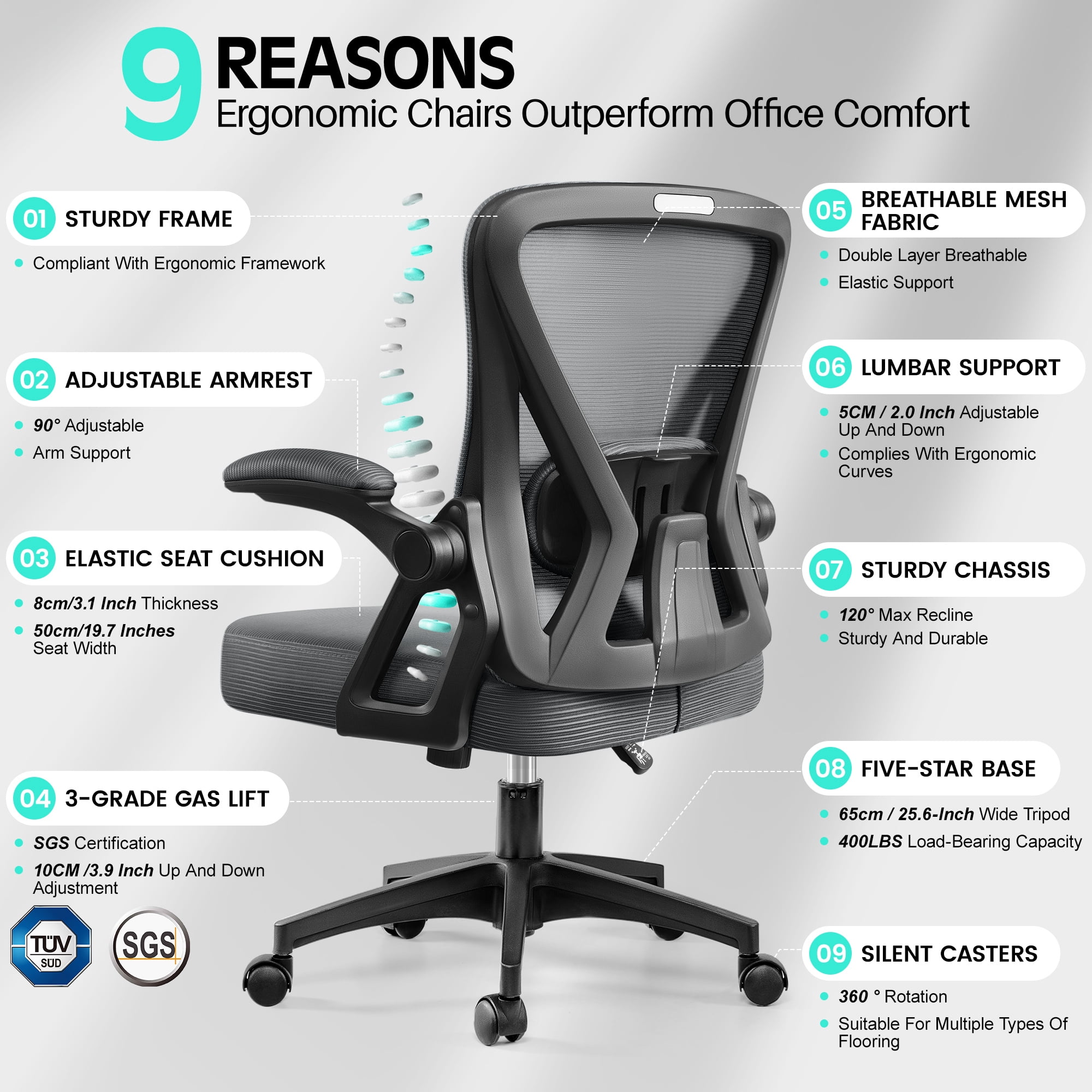 COOLHUT Office Desk Chair, Ergonomic Mesh Rolling Work Swivel Task Chairs with Wheels, Comfortable Lumbar Support, Comfy Flip-up Arms for Home, Bedroom, Study, Student, 8-Years Warranty, Dark Gray