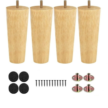 4-Pack 6" Solid Rubberwood Replacement Legs - for Sofa, Couch, Chair, Ottoman, Coffee Table & Cabinet - Round Straight Furniture Legs with Mounting Hardware
