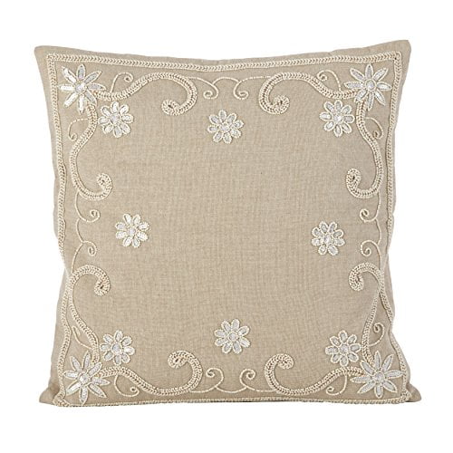 SARO LIFESTYLE Beaded Sequin Floral Design Cotton Down Filled Throw Pillow, 18", Natural