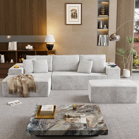 Vingud 104.3" Modular Sectional Sofa with Ottoman, Black Boneless Couch Left Facing Chaise U Shaped Couches with USB Ports, 2 Cup Holders, 2 Storage Bags & Lint Remover, No Assembly Sectional Couch