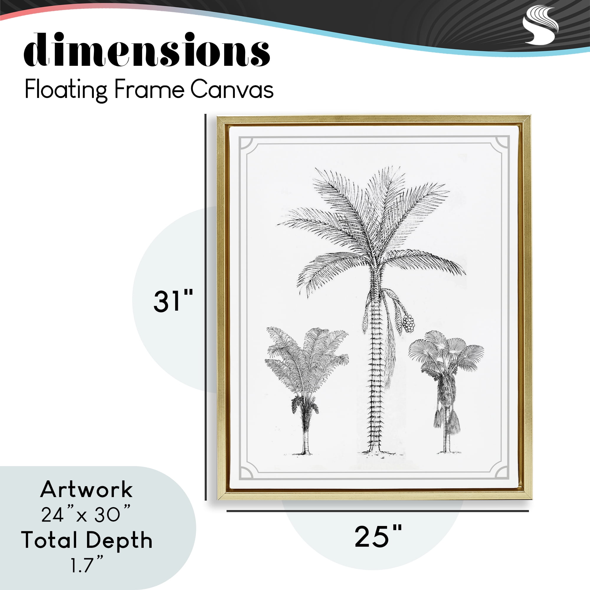 Palm Tree Trio Sketches Gold Framed Floater Canvas Wall Art, design by Lettered and Lined