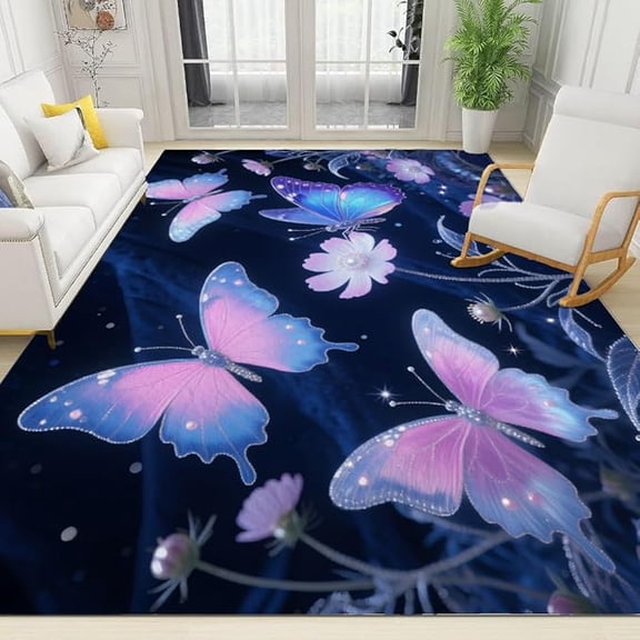Shiny Fantasy Butterfly Area Rugs, Purple Daisy Flowers Non-Slip Carpet, Art 3D Pattern Rug, Fluffy Thermal Carpet for Bedroom Living Room Boy Girl Room Bedside 5 x 6ft